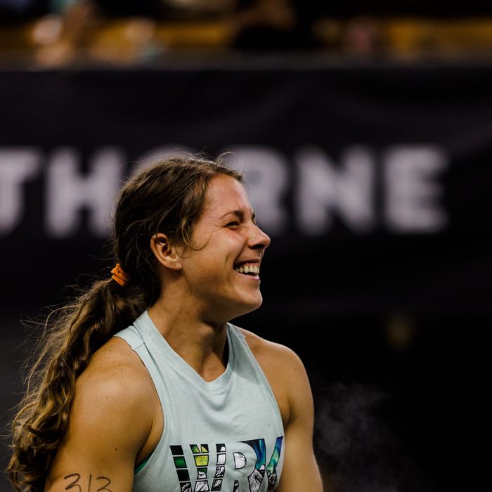 Hannah Hardy laughing on the competition floor at the CrossFit Games